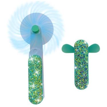 Imagem de Ventilador portátil recarregável com decoração de diamante brilhante pequeno mini ventilador pessoal para mesa, viagem e uso manual, operado por bateria para mulheres (verde)