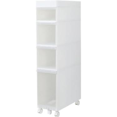 Imagem de Armário de piso alto estreito para banheiro, unidade de armazenamento vertical com 4 gavetas e rodízios transparentes, carrinho de gaveta de armazenamento de torre de cômoda estreita e indep