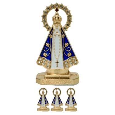 Imagem de Kit 4 Miniatura Imagem Nossa Senhora Aparecida Metal Para Painel de Carro Com Strass Autocolante (Dourado Branco)