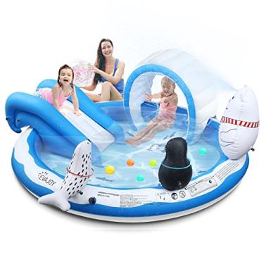 Imagem de Centro de jogos inflável, piscina infantil de 182 cm x 172 cm x 21 cm com escorregador para jardim, parque aquático no quintal, gelo e neve