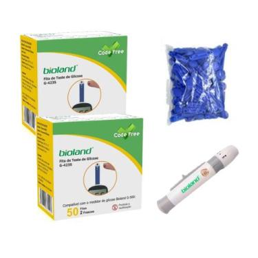 Imagem de Kit 100 tiras de glicose Bioland + 100 lancetas + lancetador
