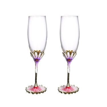 Imagem de SUQ I OME Conjunto de 2 taças de vinho, taças de champanhe, presentes para mulheres, presentes de aniversário, presentes de casamento (conjunto de 2 taças de champanhe, margarida rosa-roxa)