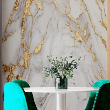 Imagem de Papel de Parede Painel 3D Mármore Branco com Ouro Auto Colante Lavável