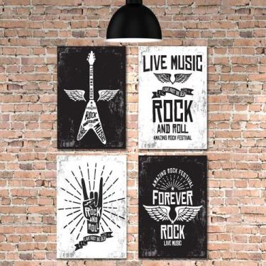 Imagem de Placa Decorativa MDF Musica Rock Kit 4un MDF 20x30cm - Quartinhos