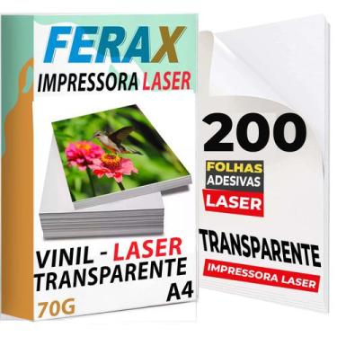 Imagem de 200 Vinil Adesivo Transparente 100% A4 -  Para Impressora Laser - FERA