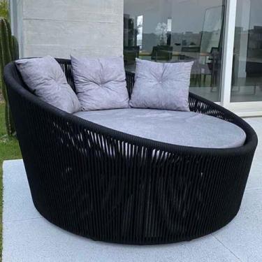 Imagem de Chaise Palmeira Em Corda Náutica Preta - Tecido Linus Mescla Cinza Cla
