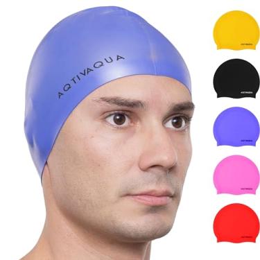Imagem de AqtivAqua Touca de natação feminina para homens adultos crianças 6-14 meninas meninos jovens chapéu silicone impermeável (cor azul, tamanho adulto)