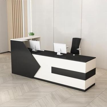 Imagem de Mesa de recepção de madeira moderna com balcão e gaveta com trava, recepção de salão L-Shap, varejo, escritório, lobby, balcão de recepção, balcão de recepção, fácil de montar, preto-r,94 x 2