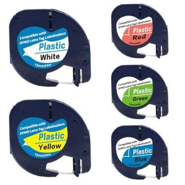 Imagem de Compatível Dymo Letratag refis 91201 91202 91203 91204 91205 fita adesiva de plástico 12 mm x 4 m 1/5.1 cm x 13', para Dymo Letra Tag LT-100H LT-100T Plus 200B QX50 preto sobre branco amarelo vermelho