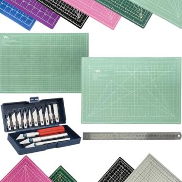 Imagem de Kit Base de Corte A3 30x45cm Multiuso Costura Artesanato Patchwork Desenho Jogo Estilete Precisão 13 Peças Regua Metal 30cm (Tiffany)