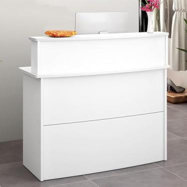 Imagem de Balcão de recepção frontal, pequeno balcão de varejo frontal com gaveta e painéis privados, loja de roupas comerciais modernas, salão, recepção, escritório, mesa de computador de madeira