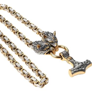 Imagem de OIDEA Colar Viking Mjolnir masculino com cabeça de lobo, corrente de rei com amuleto viking de aço inoxidável, pingente de martelo viking, joia pagã nórdica, 28 inch Chain, Aço inoxidável, Sem Pedra