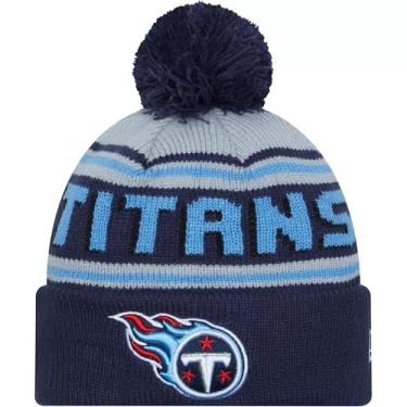 Imagem de New Era Gorro masculino Tennessee Titans Cheer Navy com pompom - boné de malha NFL com punho, tamanho único