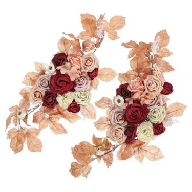 Imagem de PATIKIL Flores de arco de casamento, 2 peças de seda artificial sintética flor rosa swag floral swag pano de fundo com folhas para decoração de festa de recepção, cerimônia de boas-vindas, tawny e