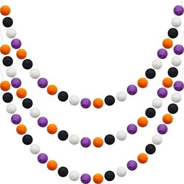 Imagem de Guirlanda de feltro de lã da WILLBOND, guirlanda de pompom colorida feita à mão com 24 bolas de feltro, guirlandas para decoração de Halloween e de parede de casa (3 peças, roxo, laranja, preto, branco)