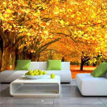 Imagem de Lcythiazole Mural de paisagem de outono de tamanho personalizável, foto de paisagem de floresta de bordo de outono HD, fundo de folhas douradas, para sala de estar, quarto, sala de jantar