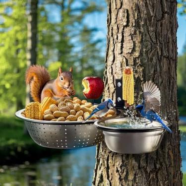 Imagem de Ofasixx Alimentador de 2 argolas para esquilos/pássaros, tigela de metal montada em árvore, tigela de drenagem de 21,6 cm + 2 pontas de espiga de milho para alimentos secos, tigela sólida de 14 cm