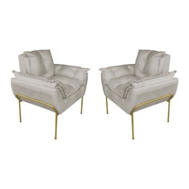 Imagem de Kit Poltrona Moderna Base Dourada Suede Bege - Vallisa Decor