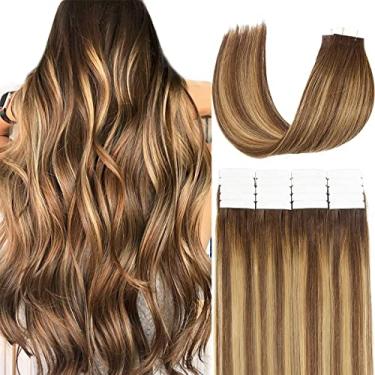 Imagem de Loxxy Fita Invisível Em Extensões De Cabelo Cabelo Humano Castanho Chocolate A Loiro Caramelo Fita De Cabelo Natural Em Extensões 24 Polegadas Remy Cabelo Liso Pele Trama 20 Unidades 50G