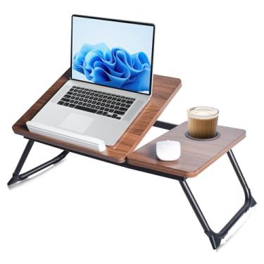 Imagem de Mesa de colo de bambu ajustável para cama - bandeja portátil para laptop com pernas dobráveis, compartimento para telefone e suporte de copo - leve e resistente para café da manhã, trabalho, mesa de