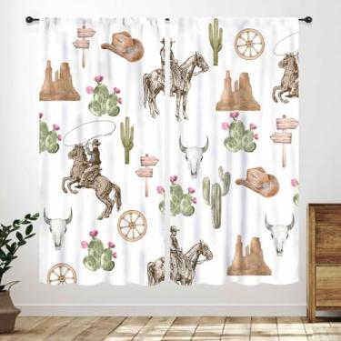 Imagem de Cortinas caubói ocidental, faroeste rústica, fazenda, vaca, caveira, deserto, cacto, cortinas de janela, tratamentos para quarto, cozinha, 2 painéis, 106 x 137 cm