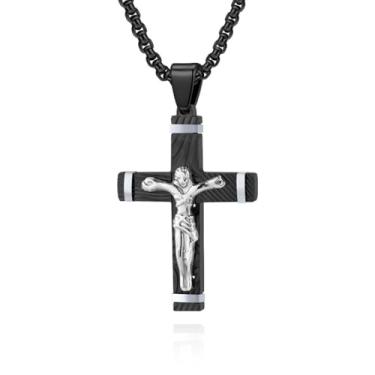Imagem de MOOSKI Colar de cruz crucifixo para homens, colares de cruz de ouro Jesus com corrente de cruz e pingente de cruz de aço inoxidável, joias para presentes, corrente de rolo de 55 a 61 cm, Sem Pedra