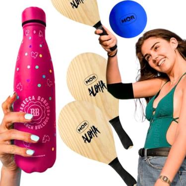 Imagem de Kit Raquete Frescobol Beach Tenis de Praia madeira mor aloha bolinha borracha leve + Garrafinha Rebeca Bonbon 500ml Térmica em aço inoxidável rosa preto Squeeze feminino design fashion (Rosa)