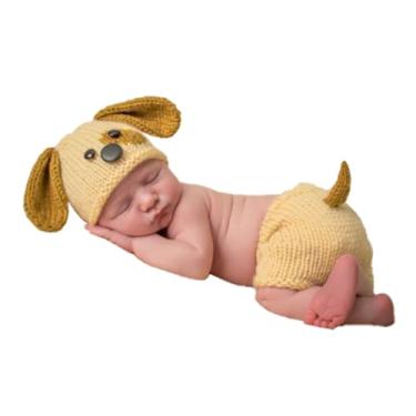 Imagem de Adereços para sessão de fotos para bebês recém-nascidos menina menino chapéu de malha de crochê fantasia chapéu listrado calças macacão adereços de fotografia (amarelo claro)