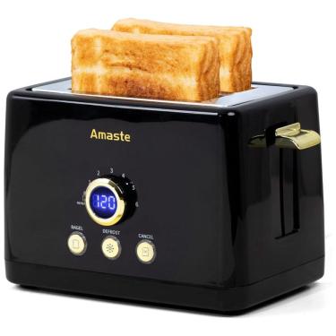Imagem de Torradeira Elétrica Retrô 2 Fatias com 6 Níveis de Tostagem em Aço Inoxidável e Painel Digital, 110V 850W, Amaste, Preta