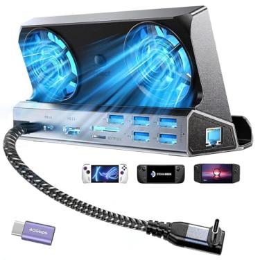 Imagem de Estação de ancoragem para Steam Deck ROG Ally com ventiladores de resfriamento duplos, base de plataforma de fluxo 10 em 1 com 4K @60Hz, Gigabit Ethernet de 1000 Mbps, 5 portas USB e porta de