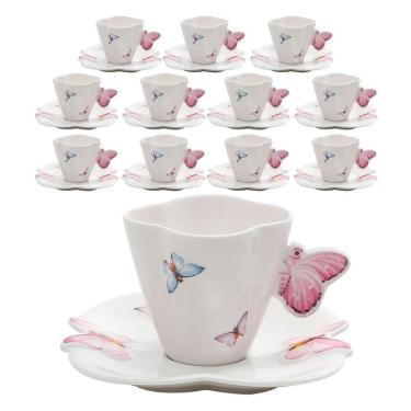 Imagem de Jogo 12 Xicaras De Chá Porcelana Com Pires Borboletas 200ml Wolff