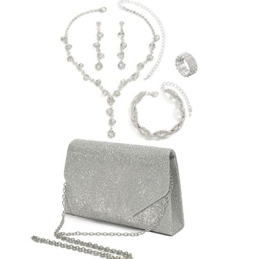 Imagem de Conjunto de 5 peças de joias com strass, bolsa de mão de strass, conjunto de joias para noivas, formatura, noite, colar, brincos, pulseiras, para casamento, prata, Normal, Poliéster, strass, couro PU