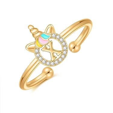 Imagem de CIVOKINA Anéis delicados de unicórnio com inicial para meninas, banhado a ouro 14 quilates/ouro rosa/prata para meninas, lindo anel infantil hipoalergênico, ajustável, com letras para presentes para