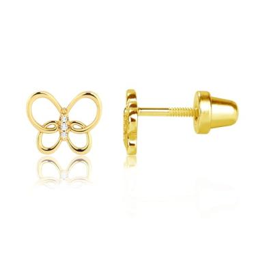 Imagem de Brincos de borboleta folheados a ouro 14K com zircônia cúbica para bebês, meninas, crianças, adolescentes e mulheres, Metal, Zircônia cúbica