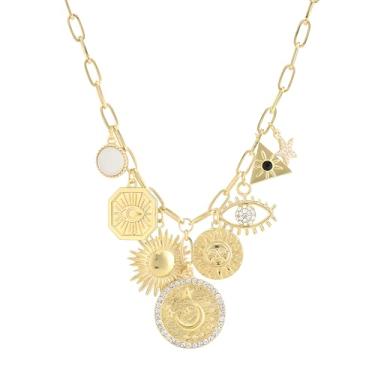 Imagem de Colar com pingente para mulheres, colar grosso dourado, olho turco, sol, lua, flor, moeda, pingente de moeda, colar delicado feito à mão, joia feminina, Large, Aço inoxidável, Sem Pedra Preciosa