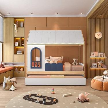 Imagem de Conjunto Bicama Reversível Casinha com Telhado, Led, Janela e Grade Frontal New Garden Casatema Branco/Azul