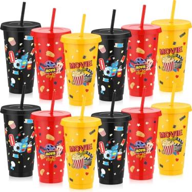 Imagem de Skylety 12 peças de copos de plástico de verão de 680 g com tampas e canudo fofo Ghost Boo copos reutilizáveis de cinema à noite aniversário festa de Halloween decorações (noite de cinema)