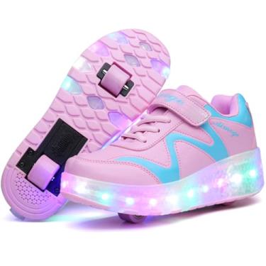 Imagem de Nsasy Tênis infantil com rodinhas para meninos e meninas com rodinhas e LED para e aniversário, 686 - rosa - duplo, 1 Little Kid