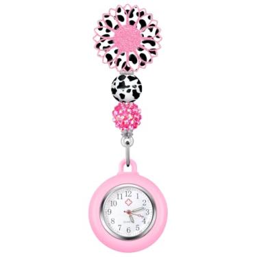 Imagem de Plifal Relógio de enfermeira de bolso para enfermagem com ponteiro de segundos - Relógio retrátil com clipe em segunda mão para profissionais médicos, mulheres e homens, Flor rosa