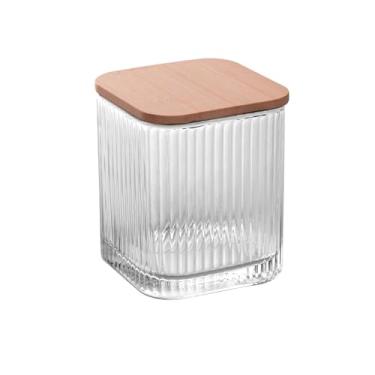 Imagem de LYOR - Porta Cotonete e Algodão de Vidro com Tampa de Bambu Lines 8cm x 8cm x 9,5cm