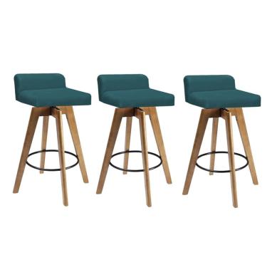 Imagem de Kit 03 Banqueta Alta Com Encosto Giratória Rute Madeira Balcão Bistrô Cozinha Suede Azul Turquesa