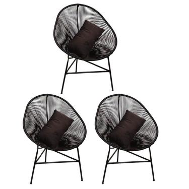 Imagem de Kit 03 Poltrona Cadeira Acapulco Plus Com Almofada Quadrado Preto Suede Marrom