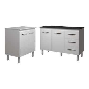 Imagem de Balcão Para Microondas Ou Forno Branco E Armário Bruna 118 Cm Cozinha Gabinete Branco Com Tampo Tampão Preto