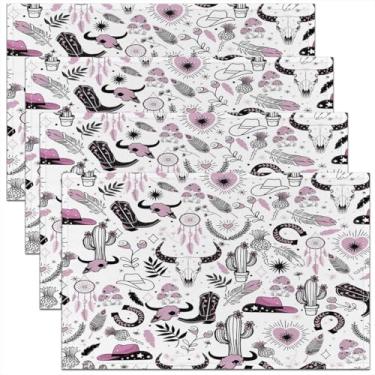 Imagem de Feelyou Tapetes de mesa de decoração de tecido lavável Western Decor Jogo americano 45,7 x 30,5 cm Wild West Cowboy Tapetes de mesa meninos touro caveira botas chapéu ferraduras cacto jogo americano