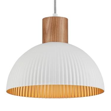 Imagem de ELYONA Luminária Pendente Moderna De Madeira Freixo, Suspensa 12" Com Acabamento Interno Em Metal Branco Nórdico E Dourado, Estilo Boho, Para Cozinha Fazenda, Ilha, Sala Jantar, Quarto Corredor