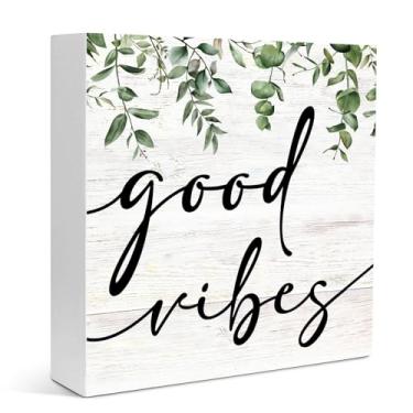 Imagem de Pigort Placa De Madeira Com Folhas Eucalipto Botânico Good Vibes, Decoração Mesa, Placa, Inspiradora Para Casa, Escritório, Prateleira, Mesa 6" X