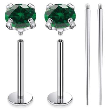 Imagem de Ruifan ASTM F136 titânio bochecha piercing barra jóias internamente rosca plana língua anéis verde zircônia cúbica sólido titânio labret piercing corporal joias para mulheres homens 14G 14 mm