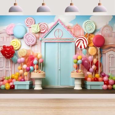 Imagem de Fundo colorido para fotos de aniversário da loja de doces para crianças, meninas, decoração de festa de aniversário, pirulitos, tema de sobremesa, pano de fundo de aniversário para recém-nascidos para