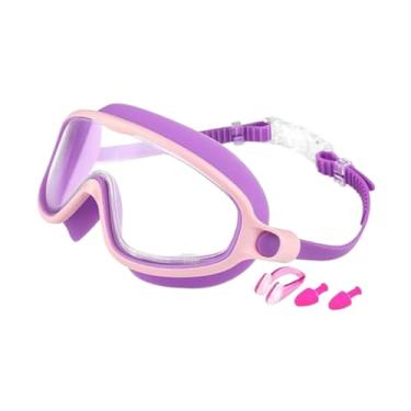 Imagem de UGPLM Óculos de natação infantis antiembaçantes com protetor auricular, clipe nasal e visão ampla, ajustáveis ​​para mergulho interno e externo para meninos, Roxo E Rosa