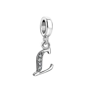 Imagem de MiiFort Pingente de letra L com inicial que serve para pulseiras Pandora Charms para mulheres, nome, família, alfabeto, prata, zircônia cúbica